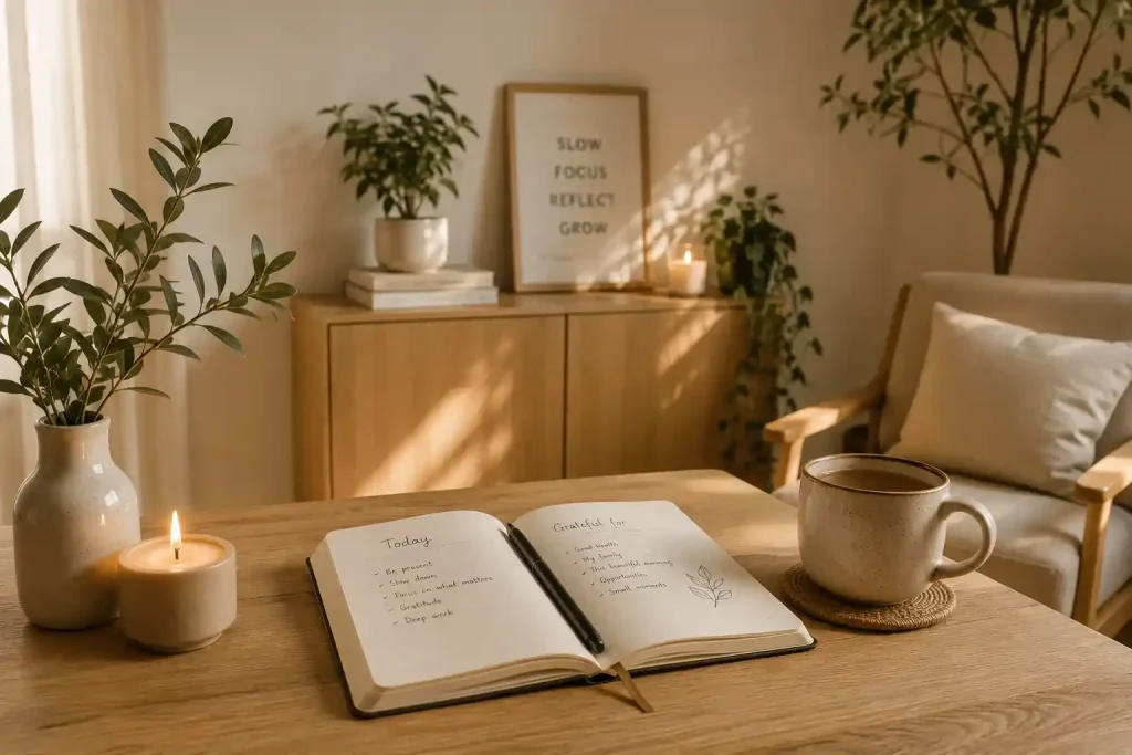 Serene minimalist workspace with a warm glow