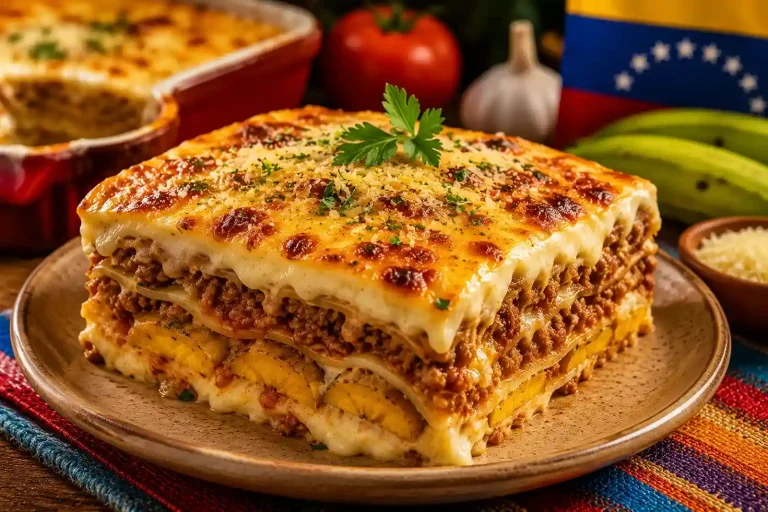 Deliciosa lasaña en un hogar rústico