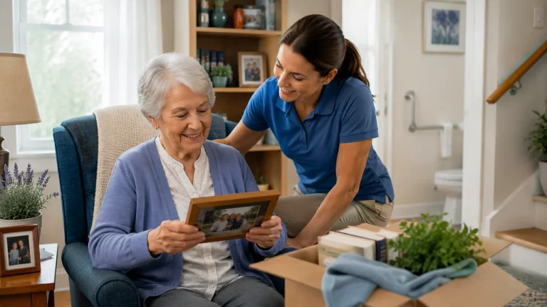 Older woman settling into a new home with support from a family caregiver.
