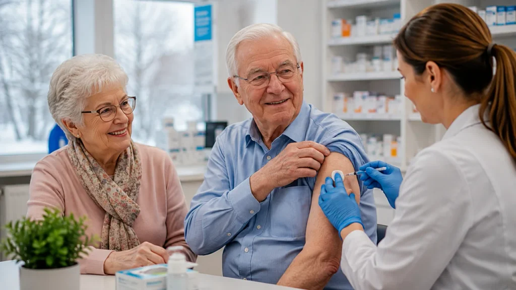 Older adult receiving a flu vaccination from a healthcare professional in a modern clinic.