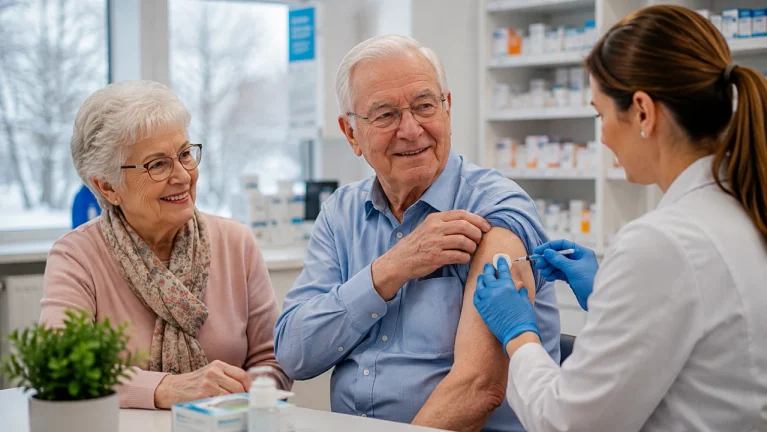 Older adult receiving a flu vaccination from a healthcare professional in a modern clinic.