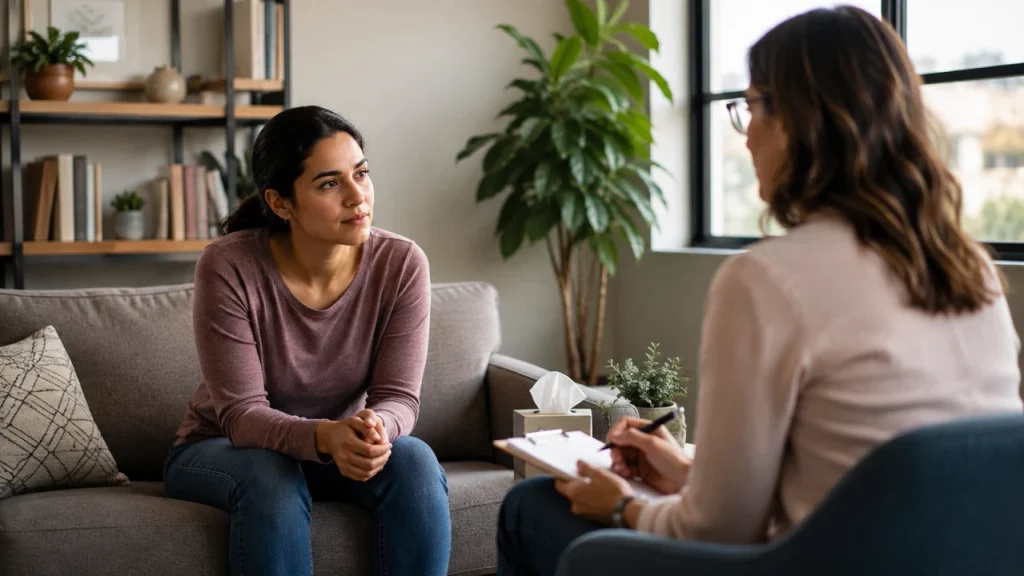 Mental health counseling session between a therapist and an adult patient in a calm office.
